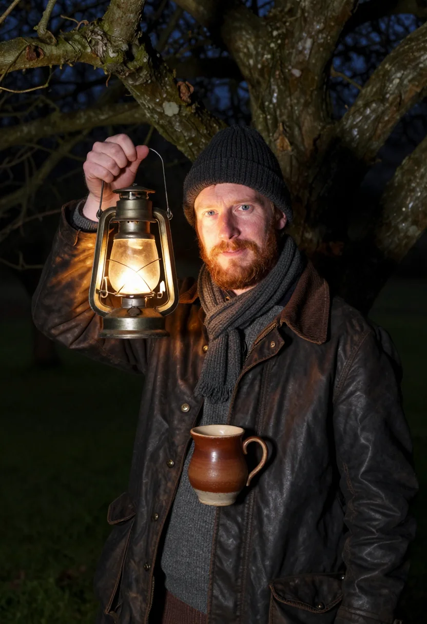AI wassail somerset orchard lantern sample — portrait of a man, framed chest-up with the crop at the ribs