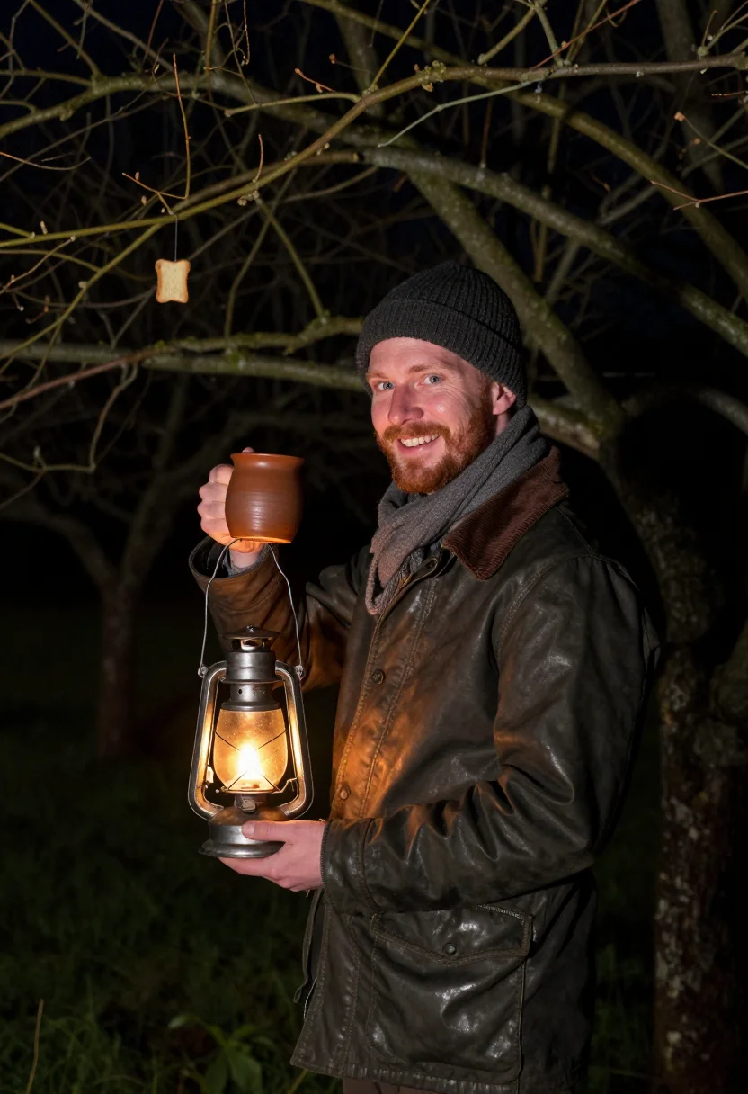 AI wassail somerset orchard lantern sample — portrait of a man, framed half-length from the crown to the