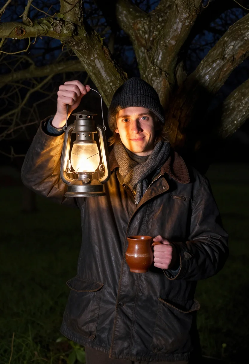 AI wassail somerset orchard lantern sample — portrait of a man, framed half-length from the crown to the