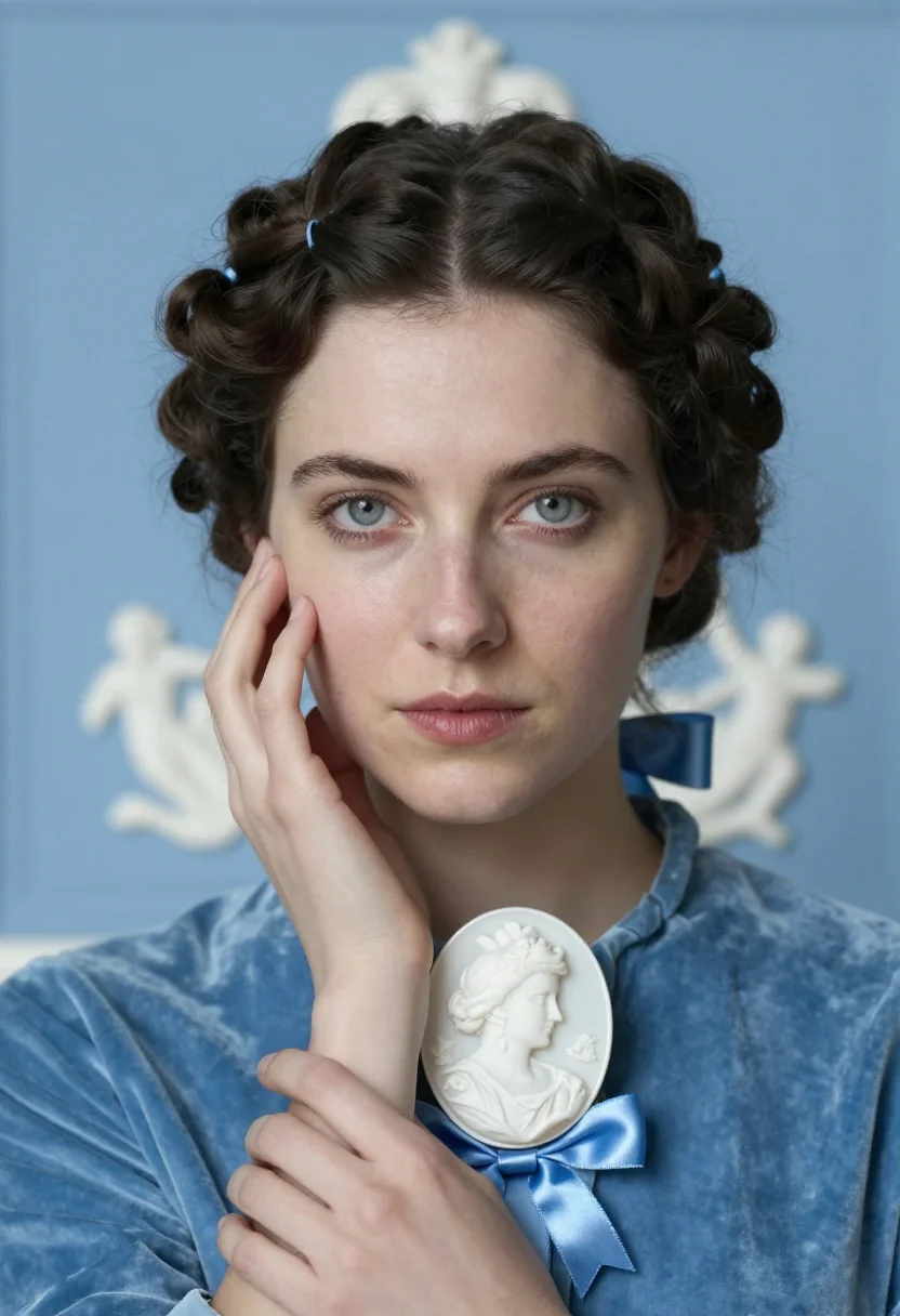 AI wedgwood bleu sample — portrait of a woman, tight head-and-shoulders portrait of a