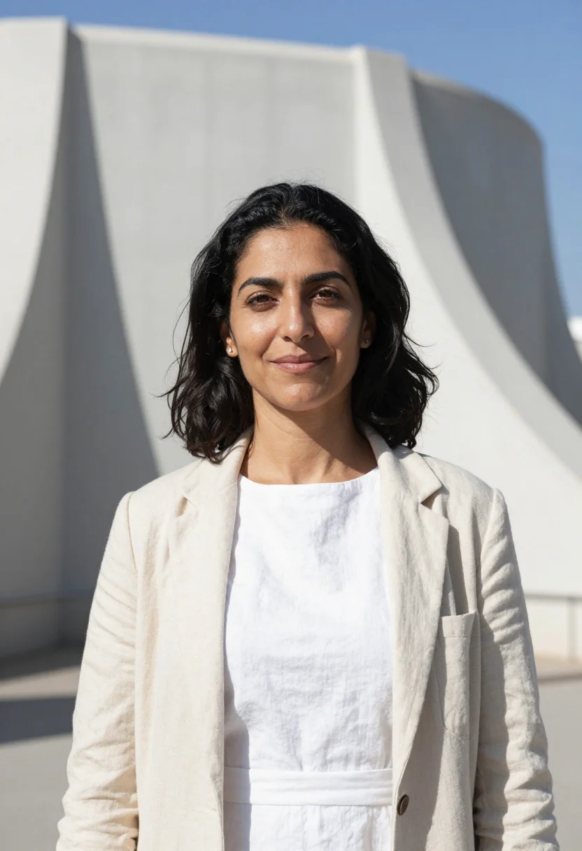 AI weizmann scientist accelerator tower white sample — portrait of a woman, a scientist in her forties of Moroccan