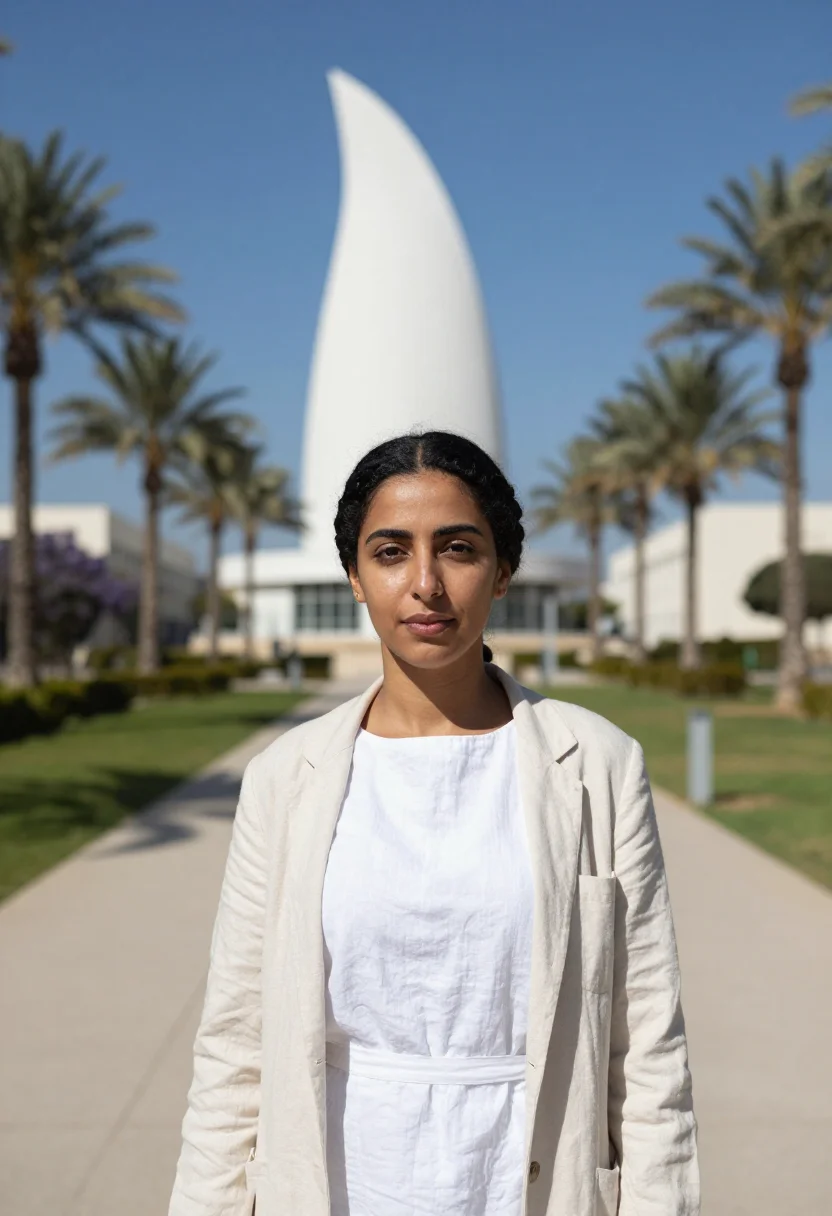 AI weizmann scientist accelerator tower white sample — portrait of a woman, a scientist in her thirties of Yemenite