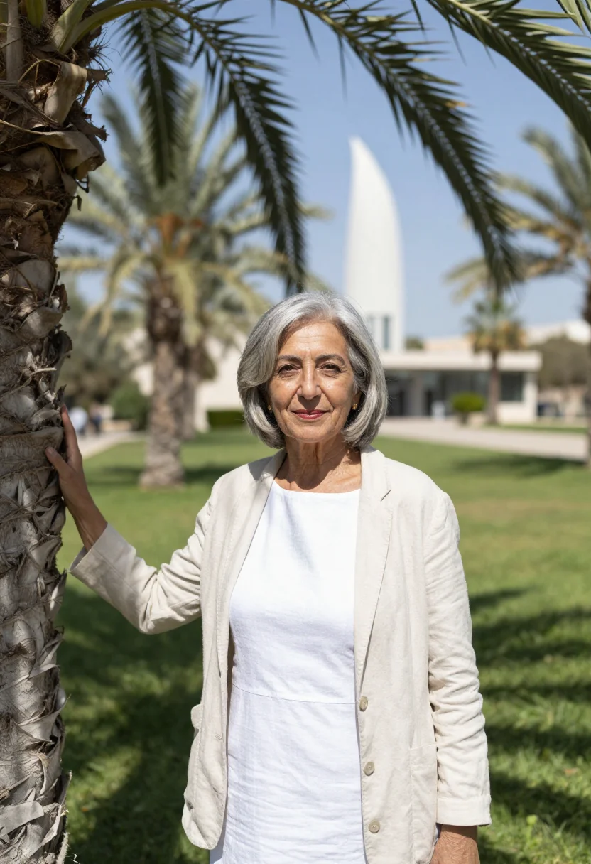 AI weizmann scientist accelerator tower white sample — portrait of a woman, a scientist in her sixties of Iraqi Jew