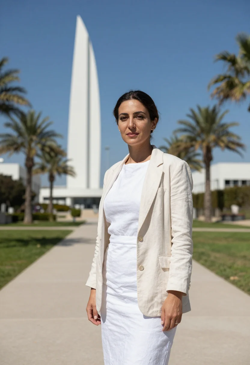 AI weizmann scientist accelerator tower white sample — portrait of a woman, a scientist in her forties of Persian J