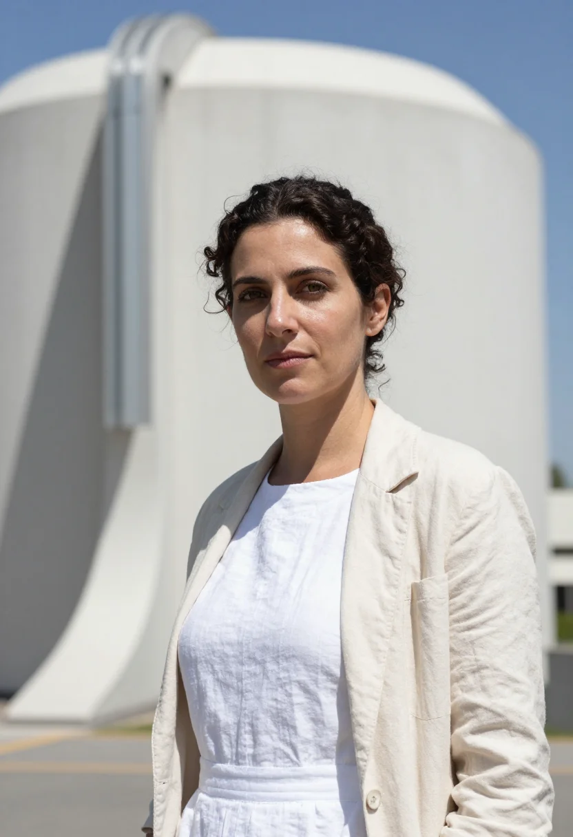 AI weizmann scientist accelerator tower white sample — portrait of a woman, a scientist in her late thirties of Ash