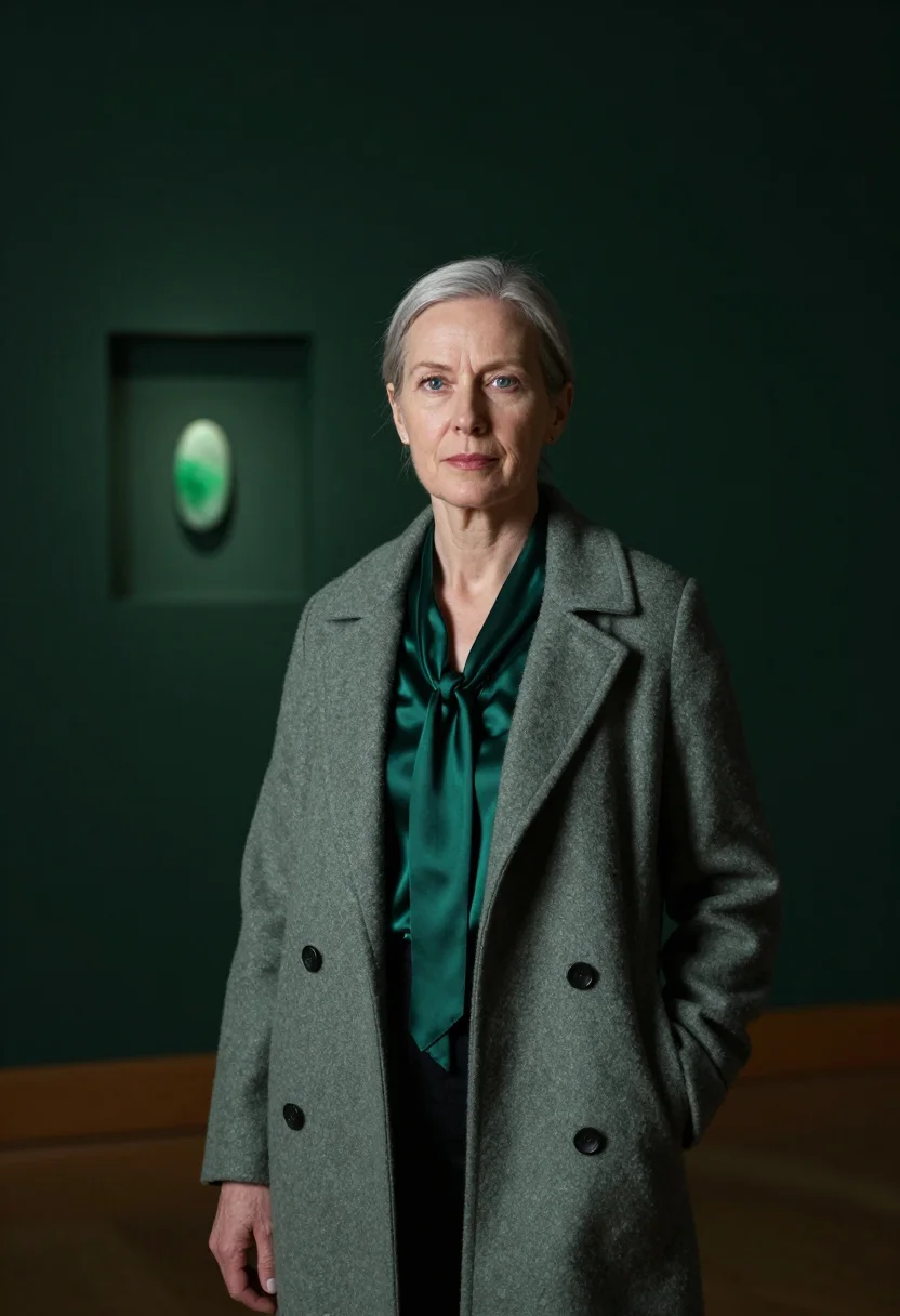 AI wellington museum curator pounamu green sample — portrait of a woman, a curator in her fifties with pale skin