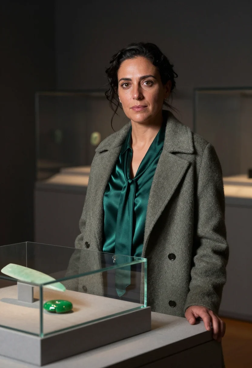 AI wellington museum curator pounamu green sample — portrait of a woman, a curator in her mid-forties with olive