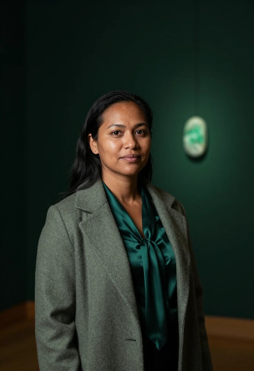 AI wellington museum curator pounamu green sample — portrait of a woman, a Māori curator in her mid-thirties wit