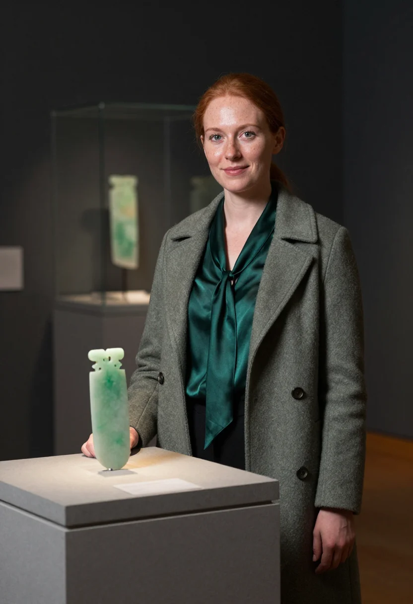 AI wellington museum curator pounamu green sample — portrait of a woman, a curator in her early forties with fai