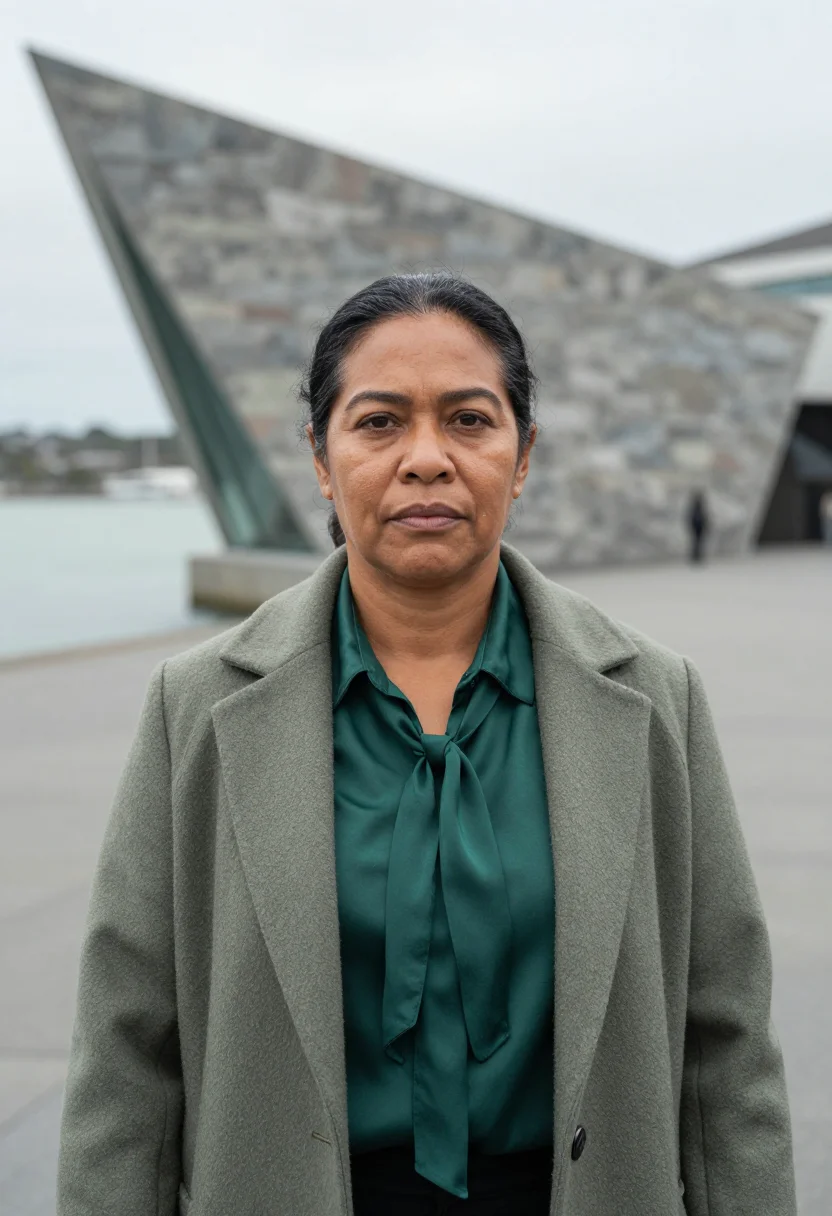 AI wellington museum curator pounamu green sample — portrait of a woman, a Samoan curator in her late forties wi