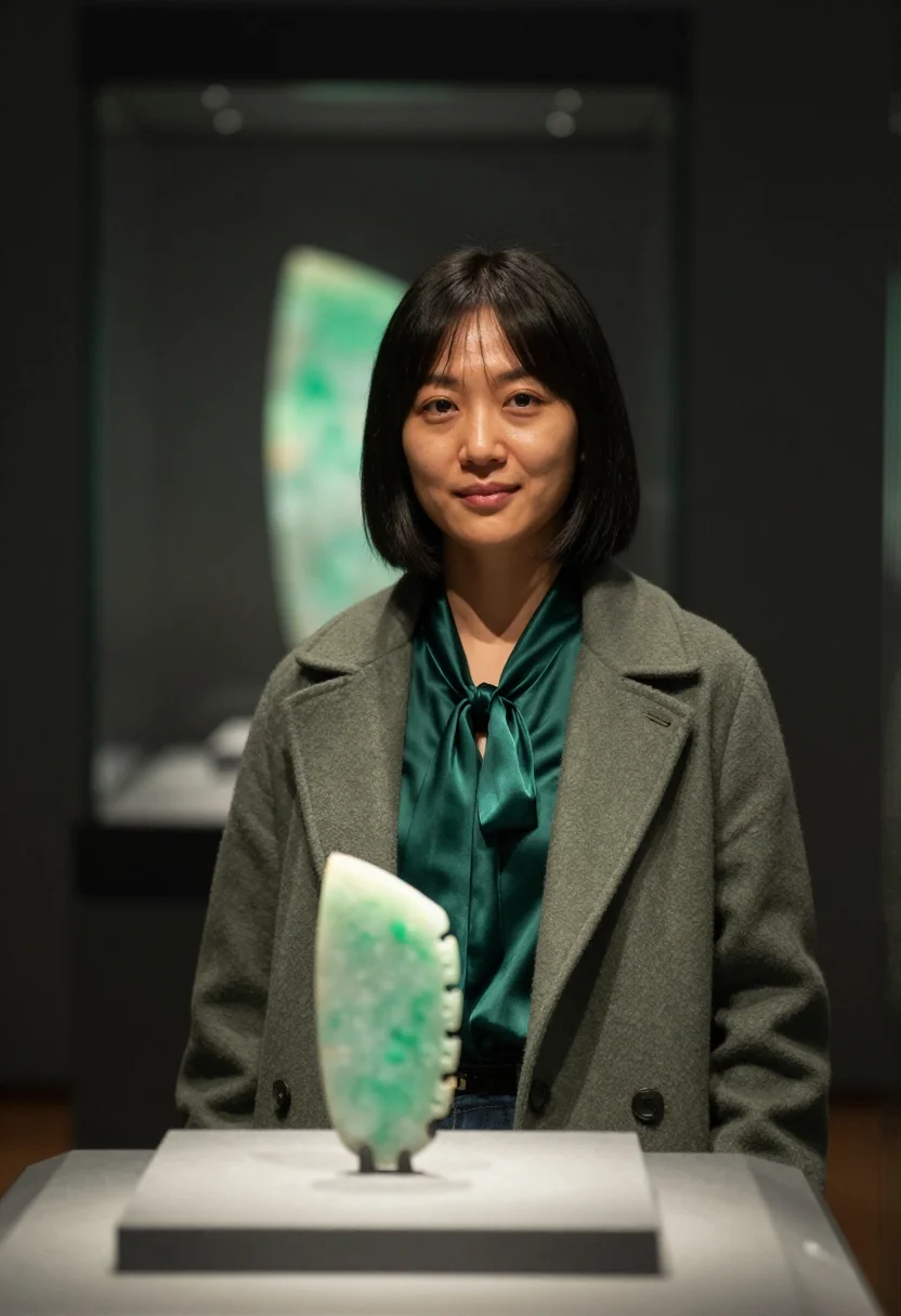 AI wellington museum curator pounamu green sample — portrait of a woman, a curator in her late thirties with gol