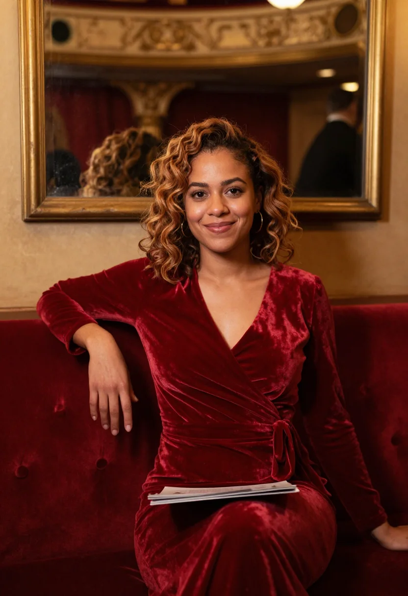 AI west end red velvet interval sample — portrait of a woman, framed half-length from the waist up, t