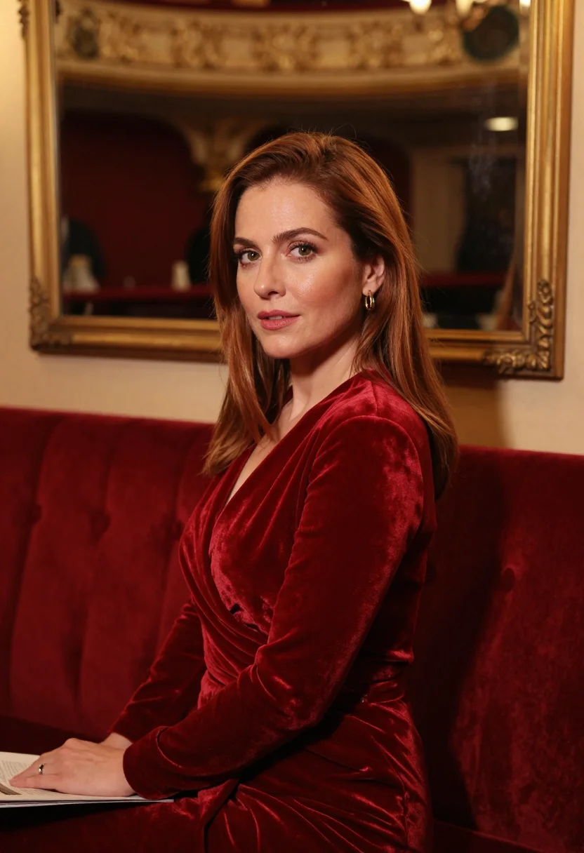 AI west end red velvet interval sample — portrait of a woman, framed chest-up, the crop at the ribs,