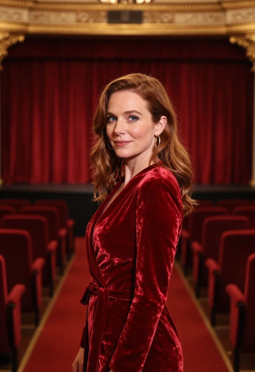 AI west end red velvet interval sample — portrait of a woman, framed tight, head and shoulders, the b