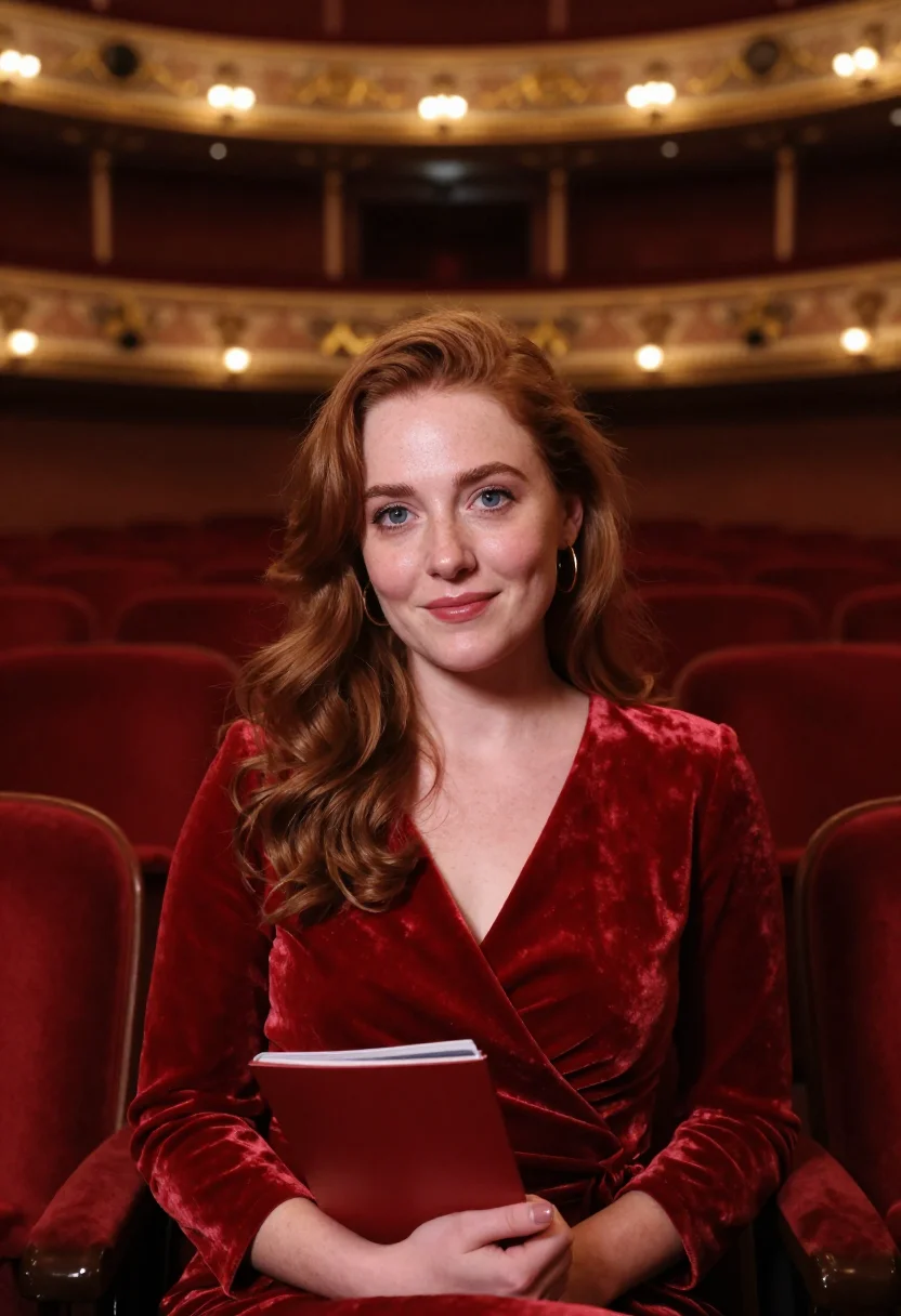 AI west end red velvet interval sample — portrait of a woman, framed chest-up, the crop at the ribs,