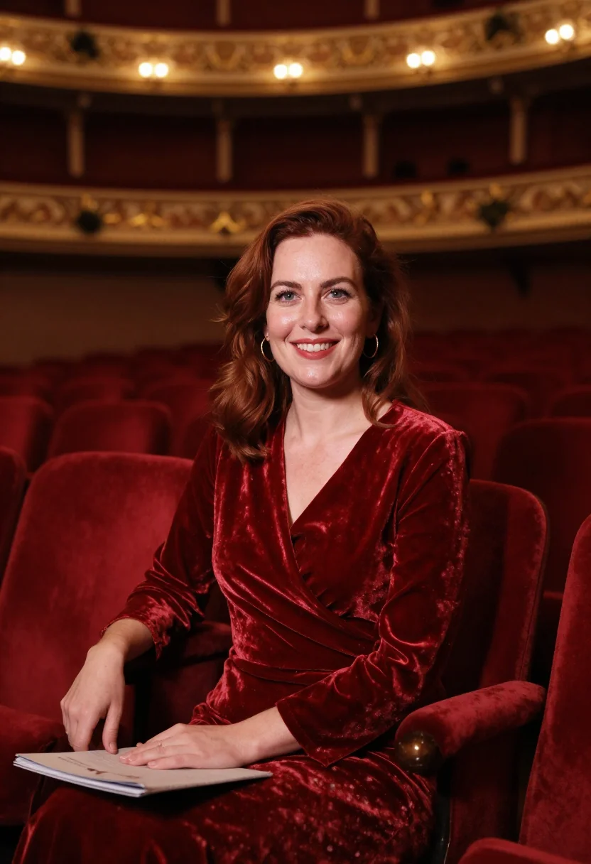 AI west end red velvet interval sample — portrait of a woman, framed half-length from the waist up, t