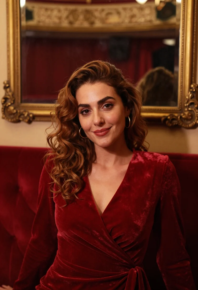 AI west end red velvet interval sample — portrait of a woman, framed tight, head and shoulders, the b