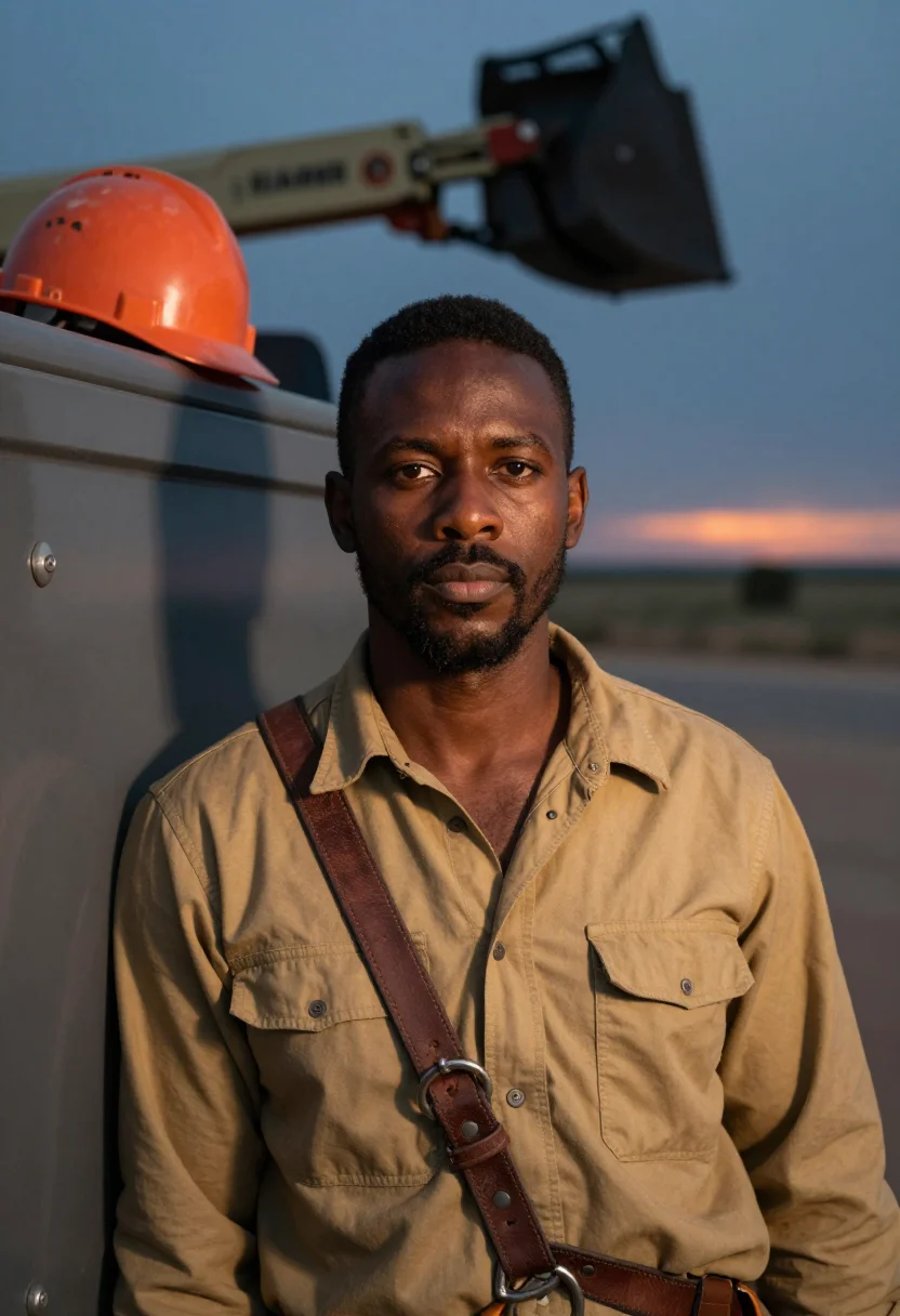 AI west texas lineman dusk sample — portrait of a man, head-and-shoulders portrait of an African