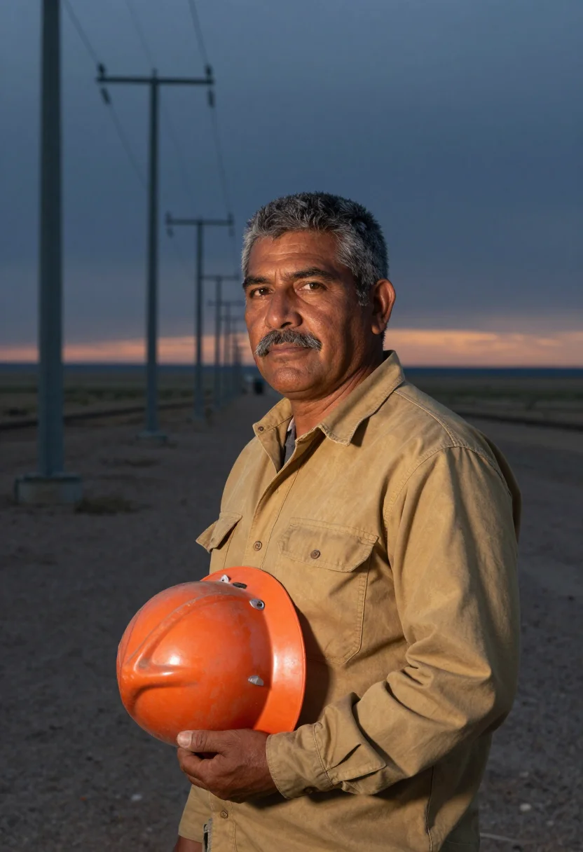 AI west texas lineman dusk sample — portrait of a man, chest-up portrait of a Mexican-American m