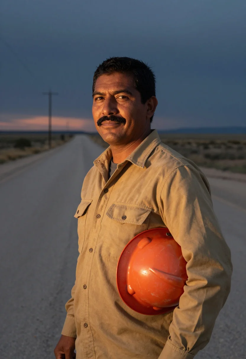 AI west texas lineman dusk sample — portrait of a man, chest-up portrait of a Mexican-American m