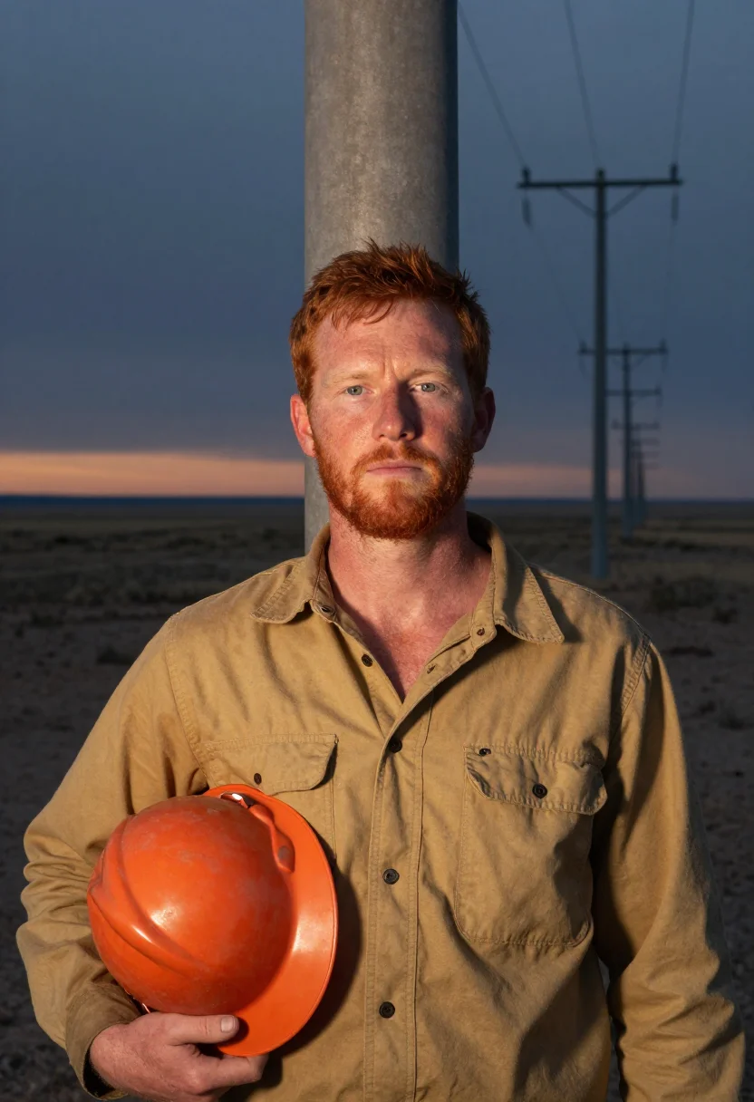 AI west texas lineman dusk sample — portrait of a man, head-and-shoulders portrait of an Irish-A