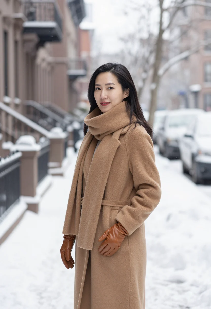 AI west village snow camel sample — portrait of a woman, framed half-length from the head to the