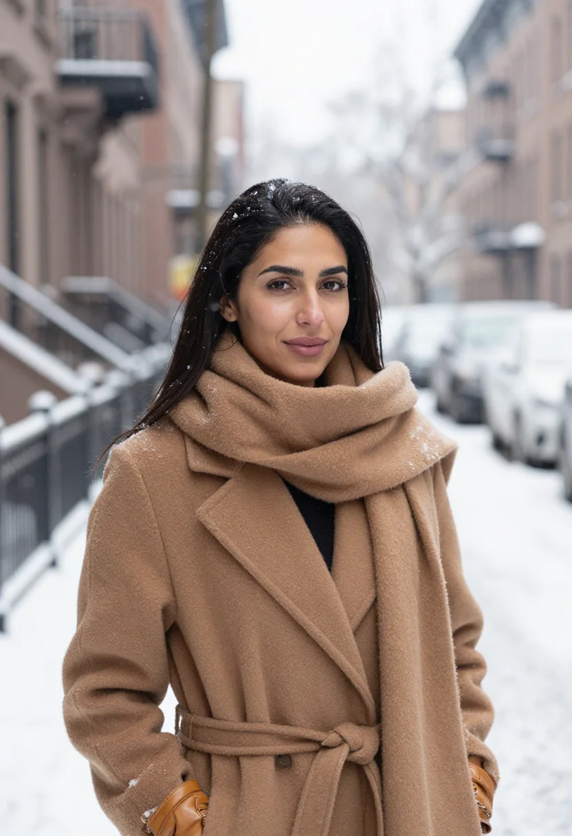 AI west village snow camel sample — portrait of a woman, framed tight, head and shoulders, the b