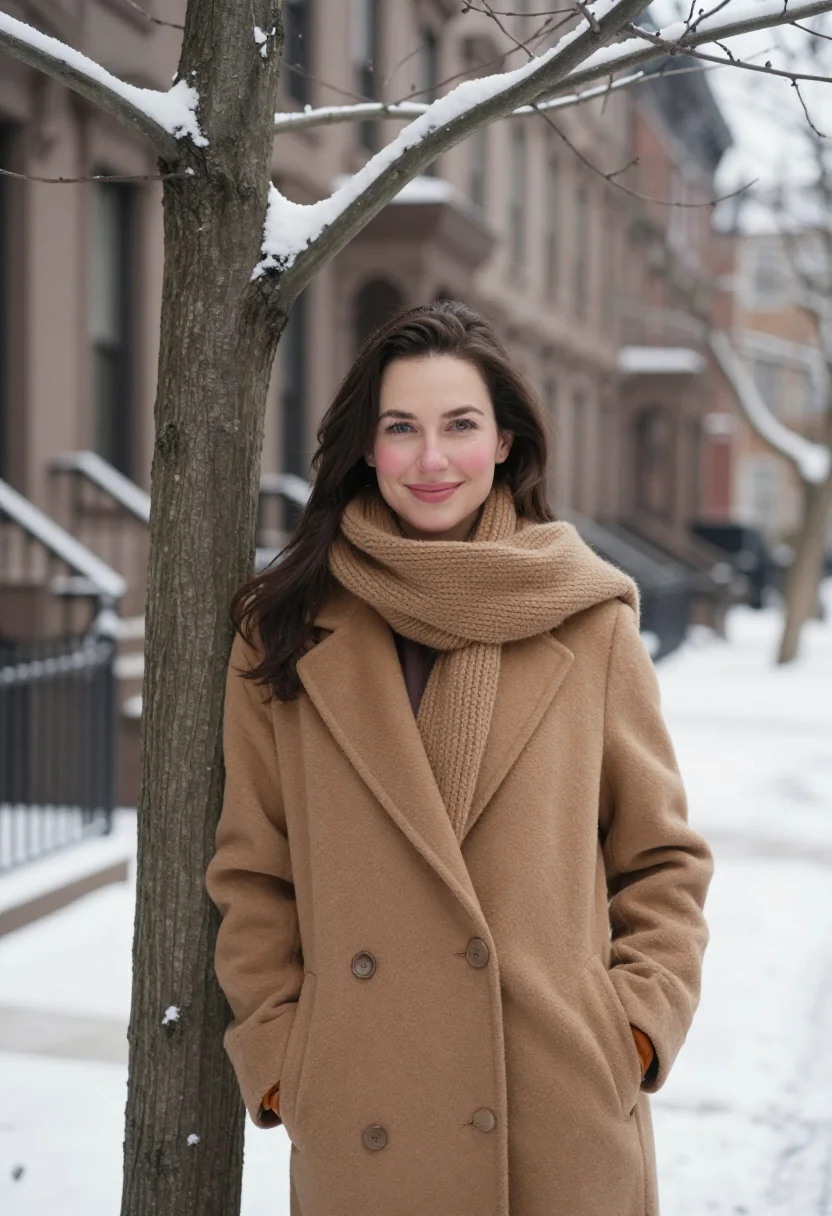 AI west village snow camel sample — portrait of a woman, framed half-length from the head to the