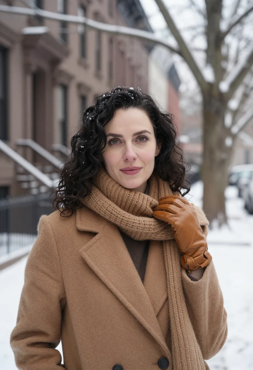 AI west village snow camel sample — portrait of a woman, framed tight, head and shoulders, the b