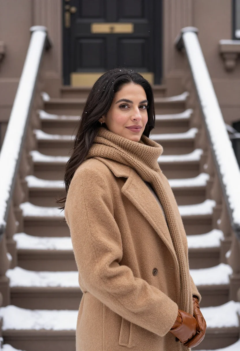 AI west village snow camel sample — portrait of a woman, framed chest-up, cropped at the ribs, t