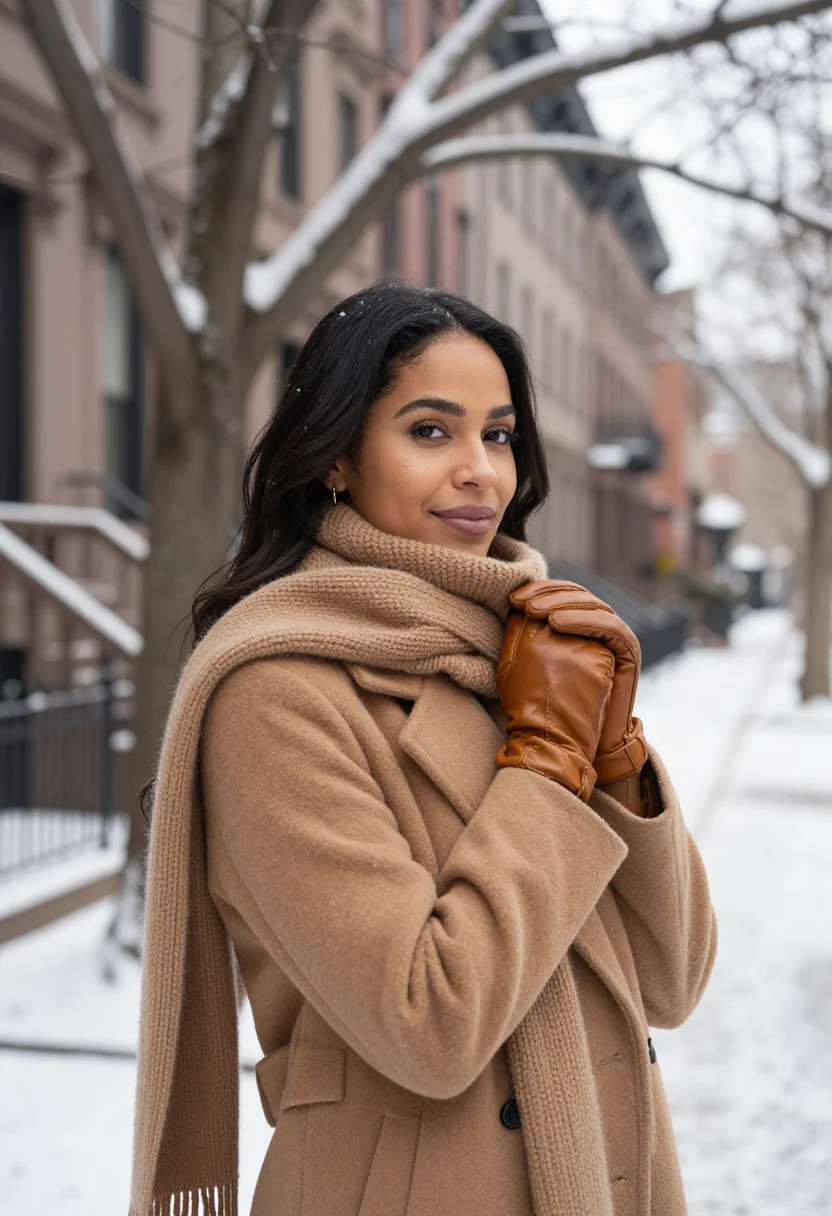 AI west village snow camel sample — portrait of a woman, framed chest-up, cropped at the ribs, t
