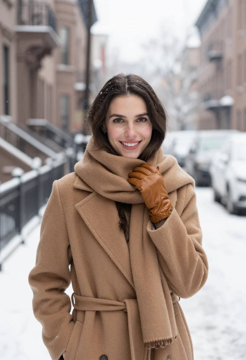 AI west village snow camel sample — portrait of a woman, framed chest-up, cropped at the ribs, t