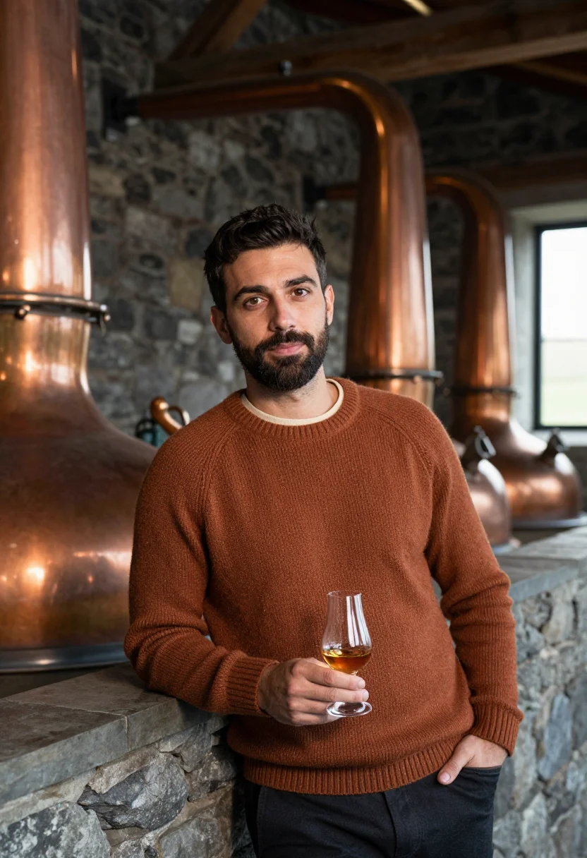 AI whisky distillery copper sample — portrait of a man, framed chest-up, cropped at the ribs, the