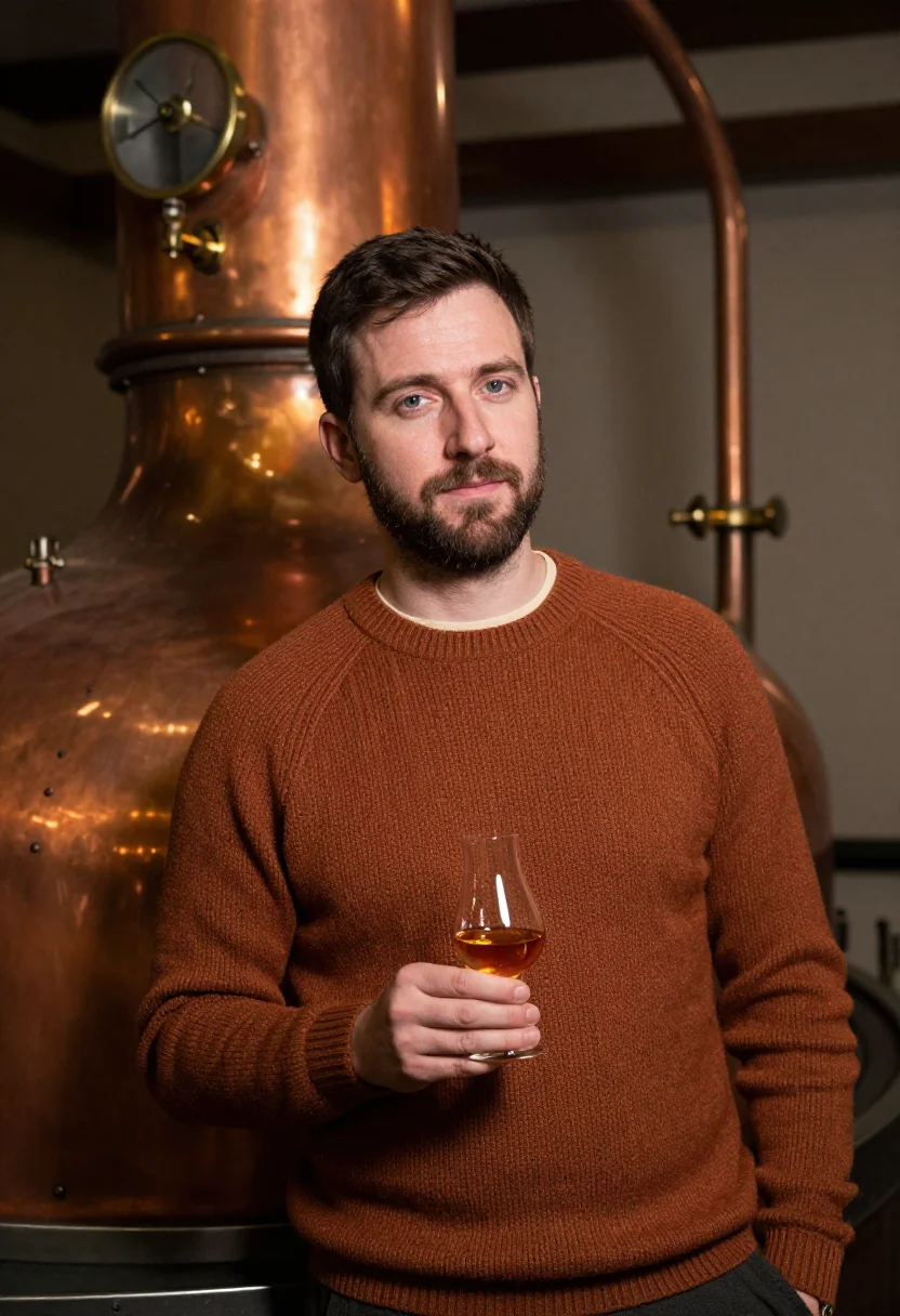 AI whisky distillery copper sample — portrait of a man, framed chest-up, cropped at the ribs, the
