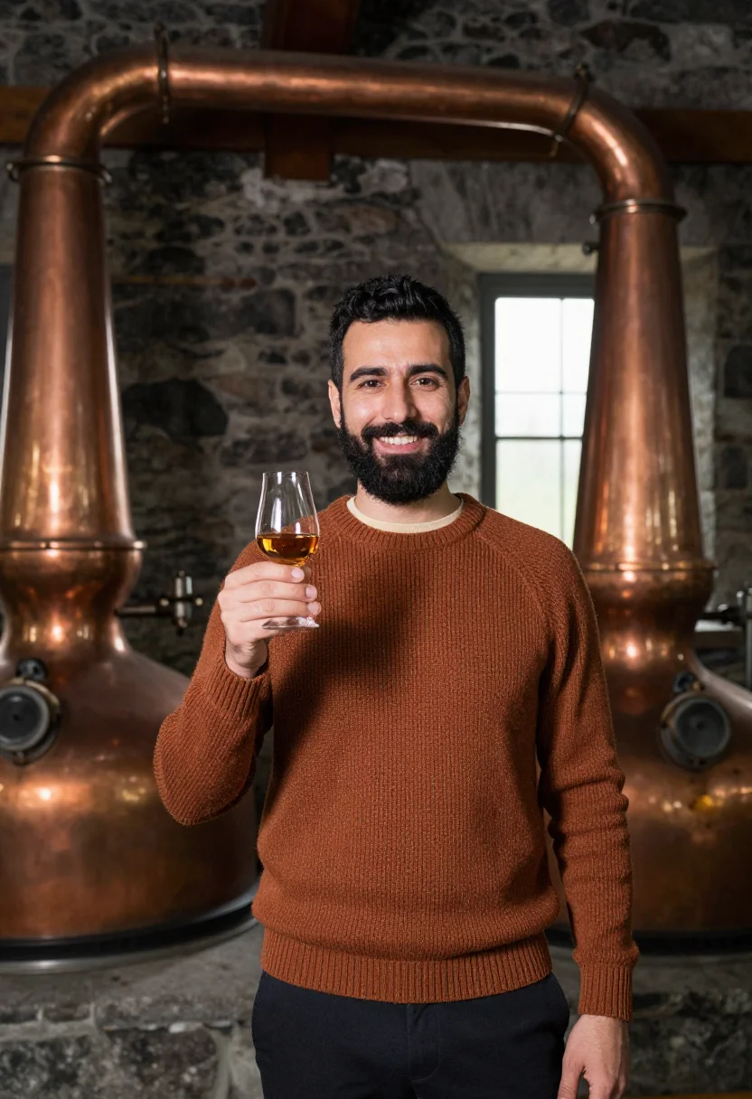 AI whisky distillery copper sample — portrait of a man, framed half-length from the head to the h
