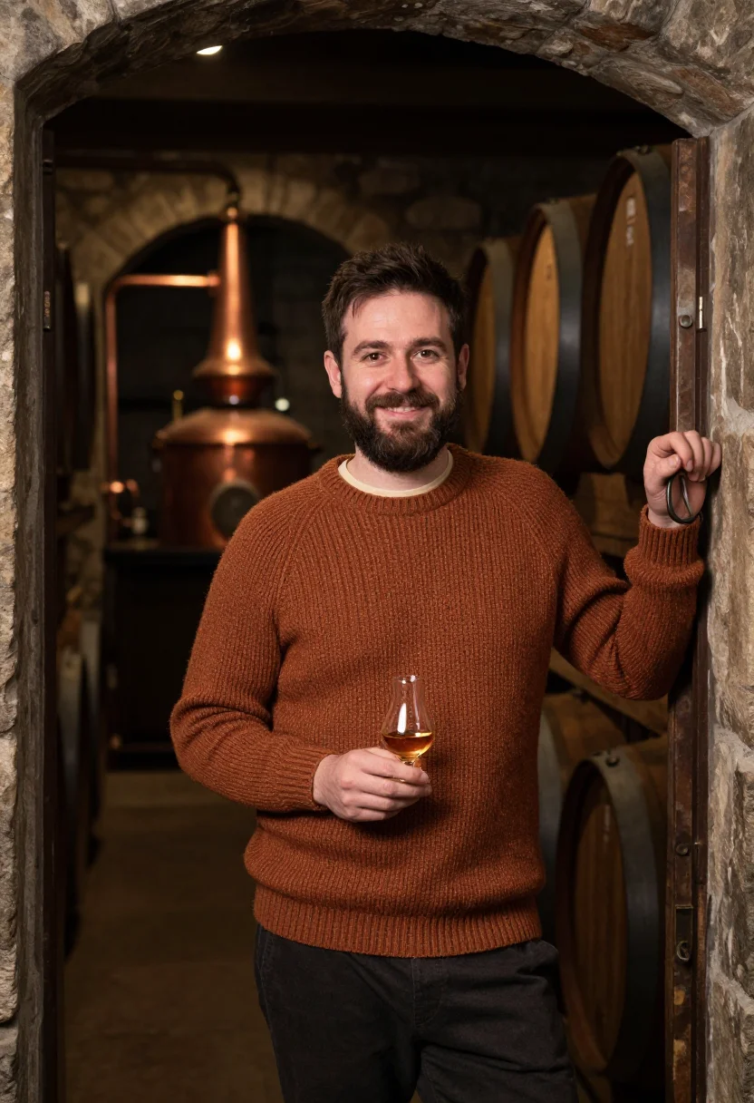 AI whisky distillery copper sample — portrait of a man, framed half-length from the head to the h