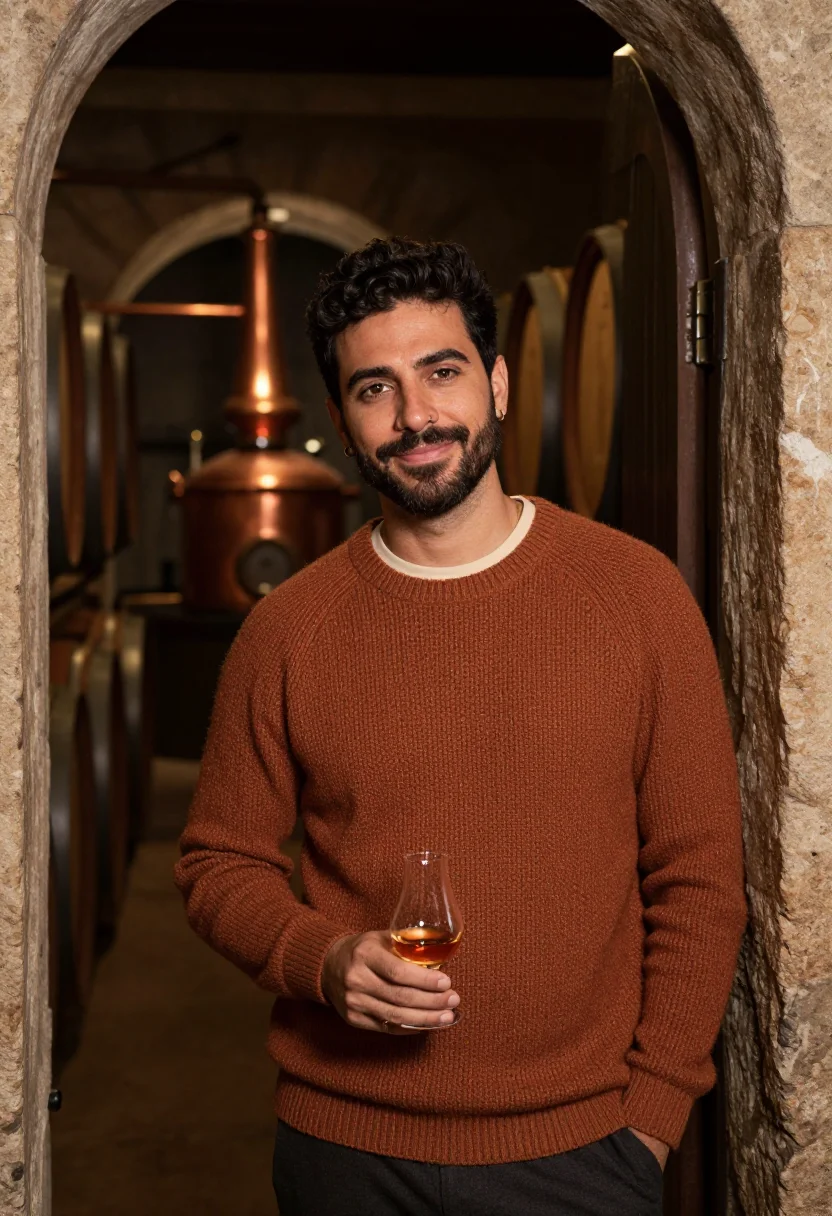 AI whisky distillery copper sample — portrait of a man, framed chest-up, cropped at the ribs, the
