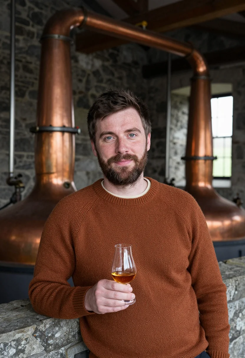 AI whisky distillery copper sample — portrait of a man, framed tight, head and shoulders, the bod
