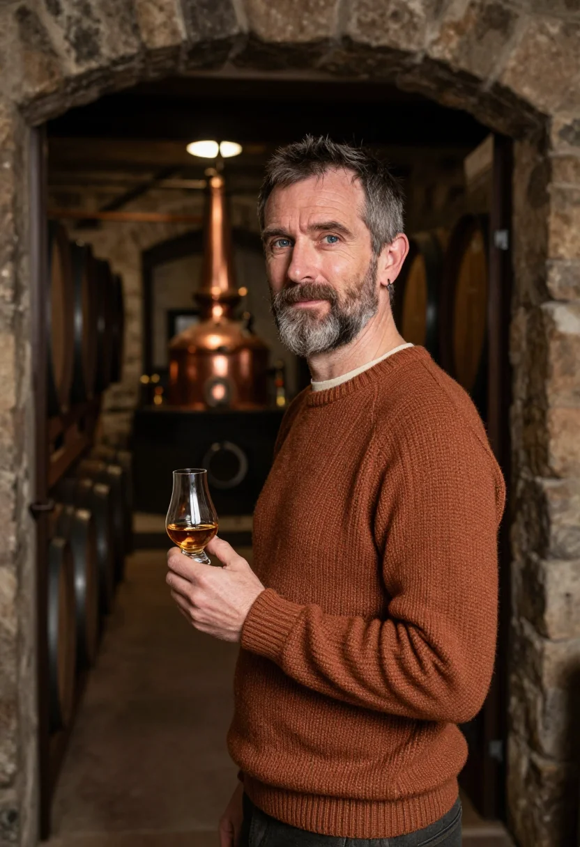 AI whisky distillery copper sample — portrait of a man, framed tight, head and shoulders, the bod