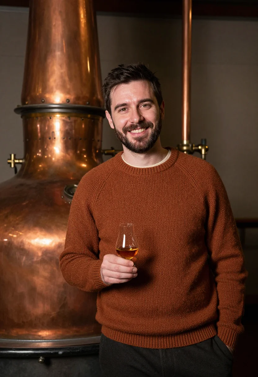 AI whisky distillery copper sample — portrait of a man, framed half-length from the head to the h