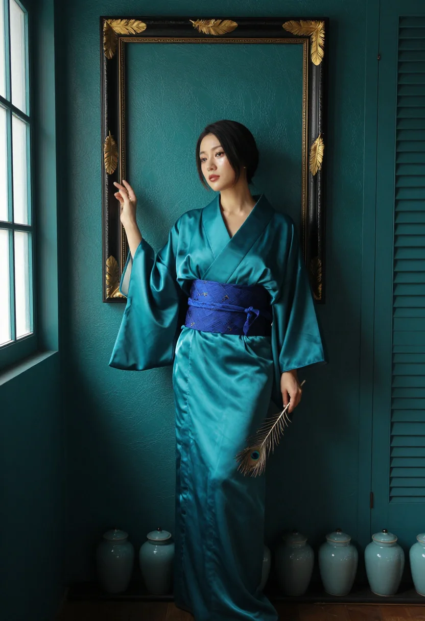 AI whistler peacock sample — portrait of a woman, full-length standing portrait from hip