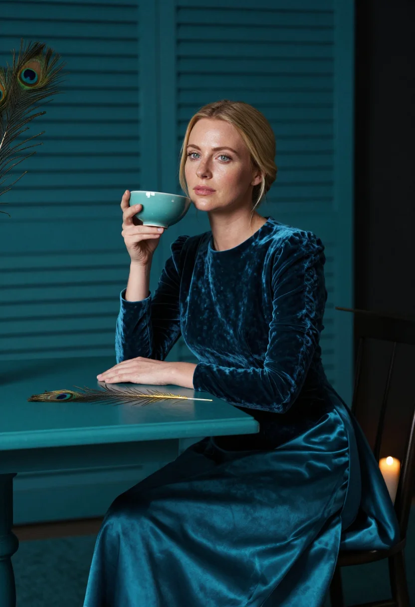 AI whistler peacock sample — portrait of a woman, half-length seated portrait at table he