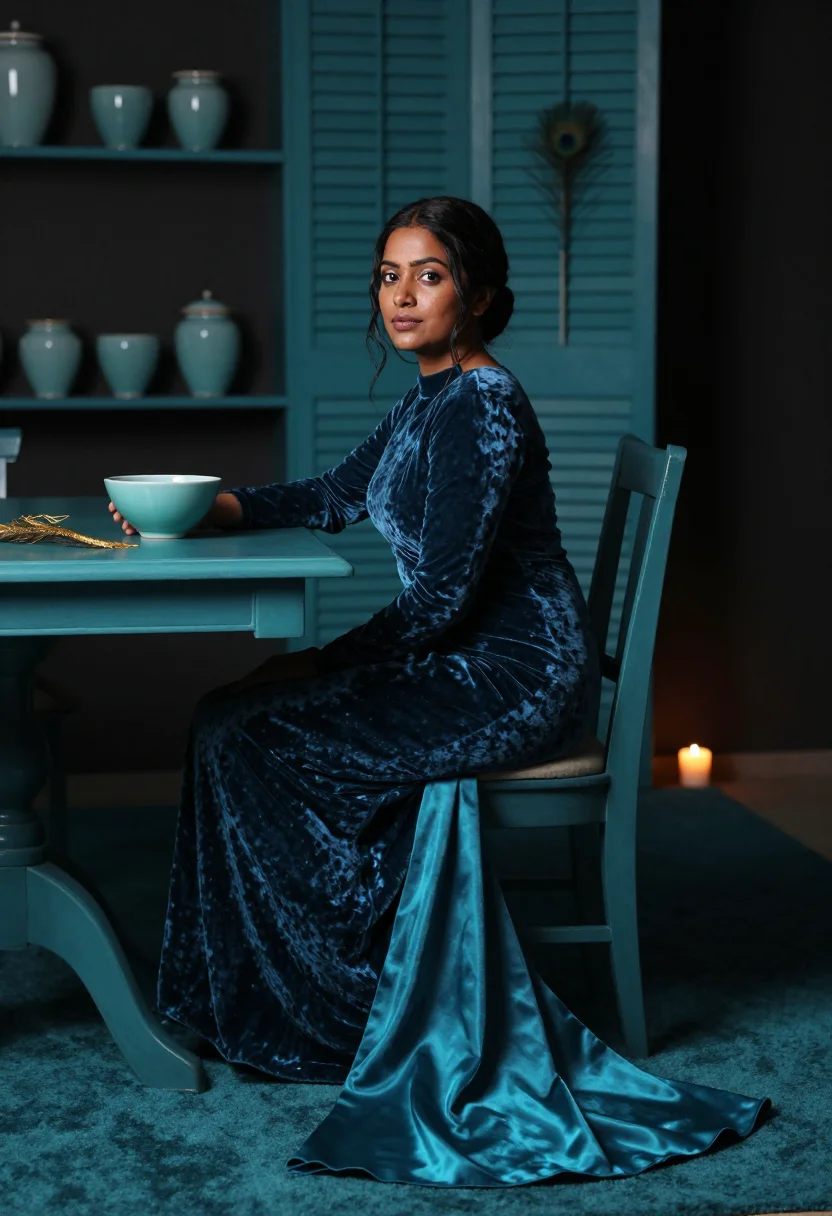 AI whistler peacock sample — portrait of a woman, three-quarter seated portrait at chest