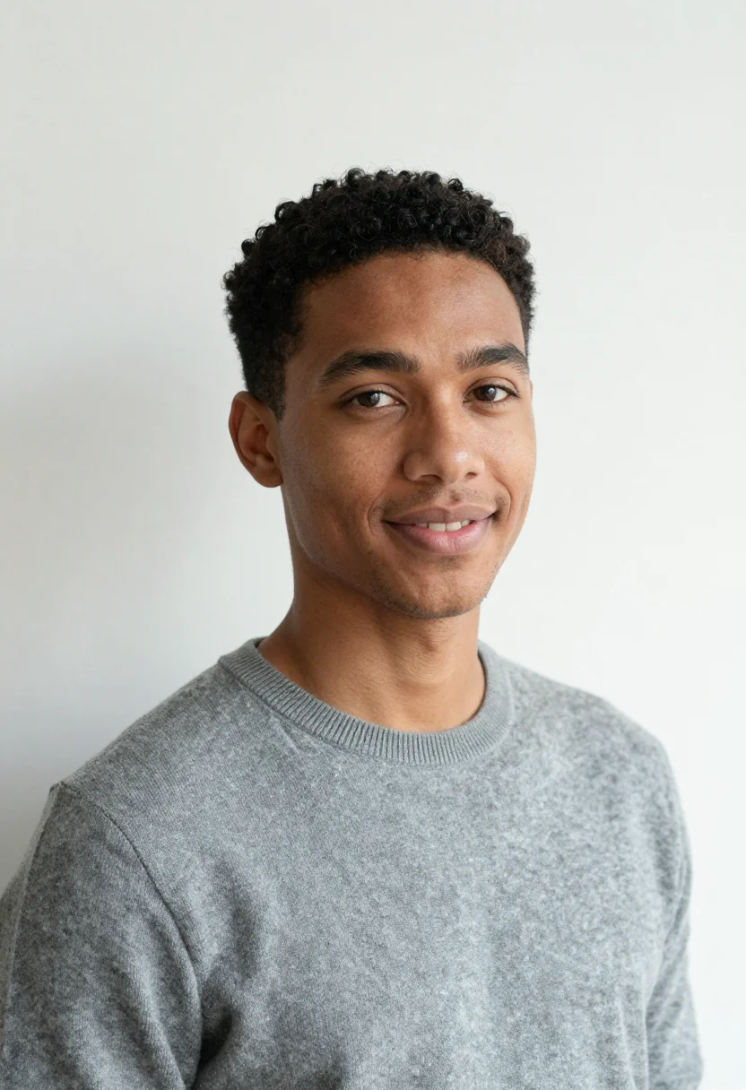 AI white backdrop headshot sample — a head-and-shoulders frame of a man in his late twenties wit