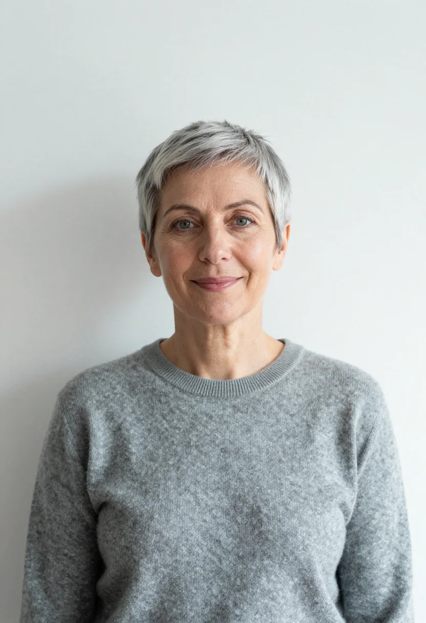 AI white backdrop headshot sample — a head-and-shoulders frame of a woman in her fifties with fa