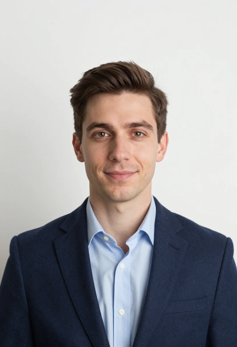 AI white backdrop headshot sample — a head-and-shoulders frame of a man in his mid-thirties with