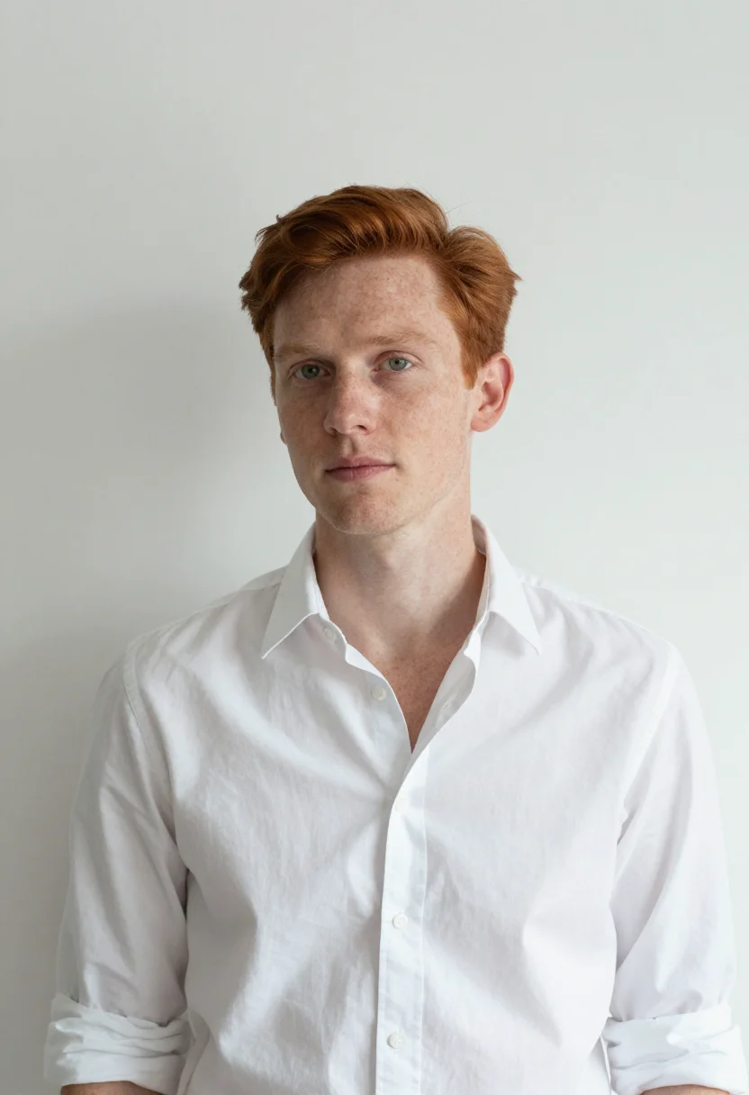 AI white backdrop headshot sample — a chest-up frame of a man in his early thirties with fair fr