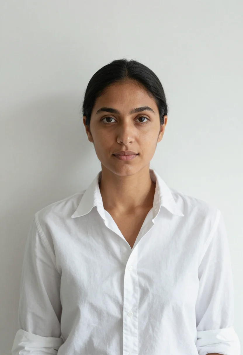 AI white backdrop headshot sample — a chest-up frame of a woman in her late twenties with golden