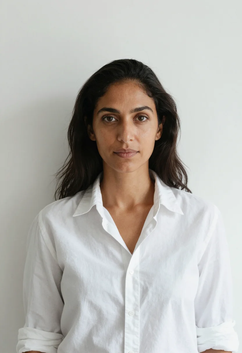 AI white backdrop headshot sample — a wide chest-up frame of a woman in her mid-thirties with ho