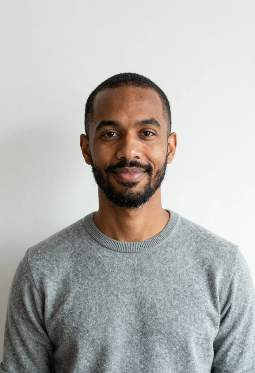 AI white backdrop headshot sample — a slightly wider head-and-shoulders frame of a man in his fo